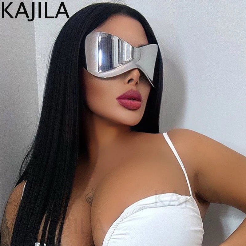 Oversized Y2K Punk Rimless Sunglasses - Futuristic Shield Wraparound Shades